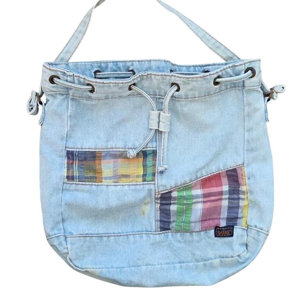 Vintage Boho Light Blue Denim Plaid Patchwork Bucket Bag By Shane
